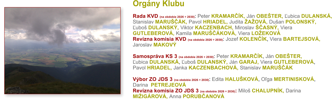 Org�ny Klubu Rada KVD (na obdobie 2026 � 2030): Peter KRAMAR��K, J�n OBE�TER, �ubica DULANSK�,Stanislav MARU���K, Pavol HRIADEL, Judita �A�OV�, Du�an POLONSK�,�ubo� DULANSK�, Viktor KACZENBACH, Miroslav ��ASN�, Viera GUTLEBEROV�, Kamila MARU���KOV�, Viera LO�EKOV�Rev�zna komisia KVD (na obdobie 2026 � 2030): Jozef KOLEN��K, Viera BARTEJSOV�, Jaroslav MAKOV�  Samospr�va KS 3 (na obdobie 2026 � 2030): Peter KRAMAR��K, J�n OBE�TER,�ubica DULANSK�, �ubo� DULANSK�, J�n GARAJ, Viera GUTLEBEROV�,Pavol HRIADEL, Janka KACZENBACHOV�, Stanislav MARU���K V�bor ZO JDS 3 (na obdobie 2026 � 2030): Edita HALU�KOV�, O�ga MERTINISKOV�, Darina  PETREJEOV� Rev�zna komisia ZO JDS 3 (na obdobie 2026 � 2030): Milo� CHALUPN�K, Darina MI�IG�ROV�, Anna PORUB�ANOV�